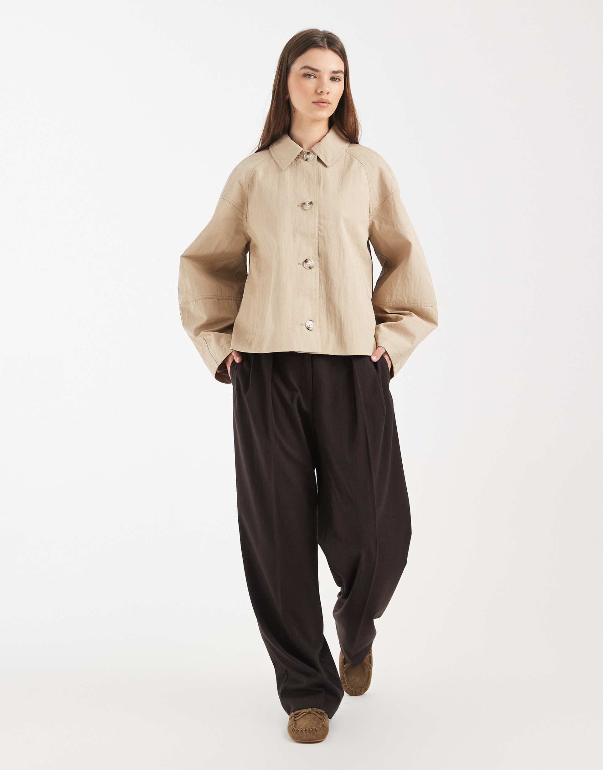 asos design short trench coat with pleat detail in stone