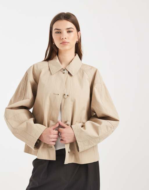 ASOS DESIGN short trench coat with pleat detail in stone, 2 of 4