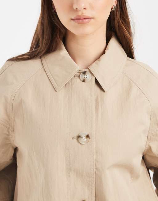 ASOS DESIGN short trench coat with pleat detail in stone, 3 of 4