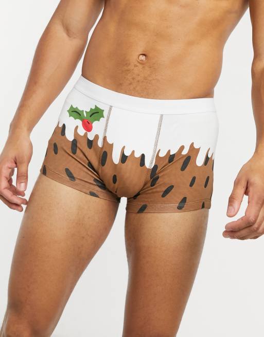 ASOS DESIGN short trunks in christmas pudding print