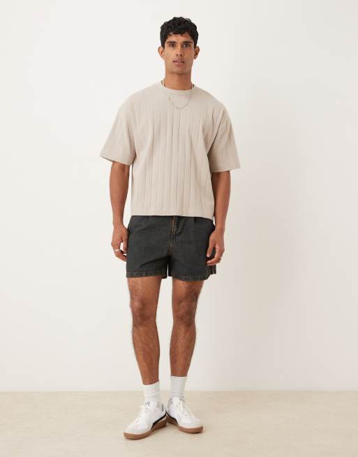 ASOS DESIGN shorter length denim short with pleats in mid wash blue