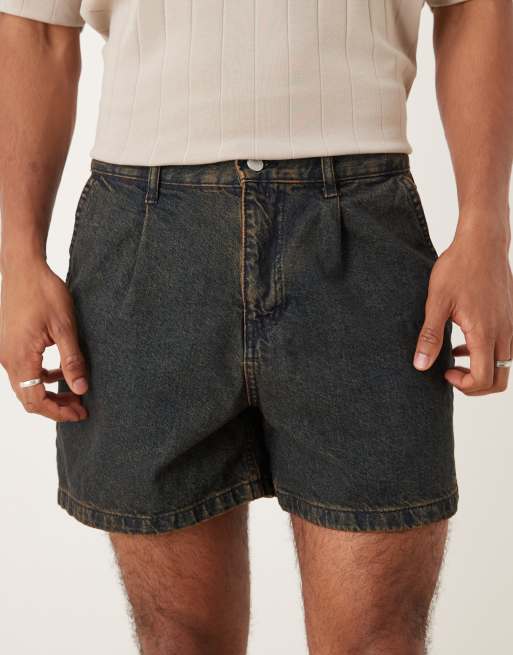 ASOS DESIGN shorter length denim short with pleats in mid wash blue
