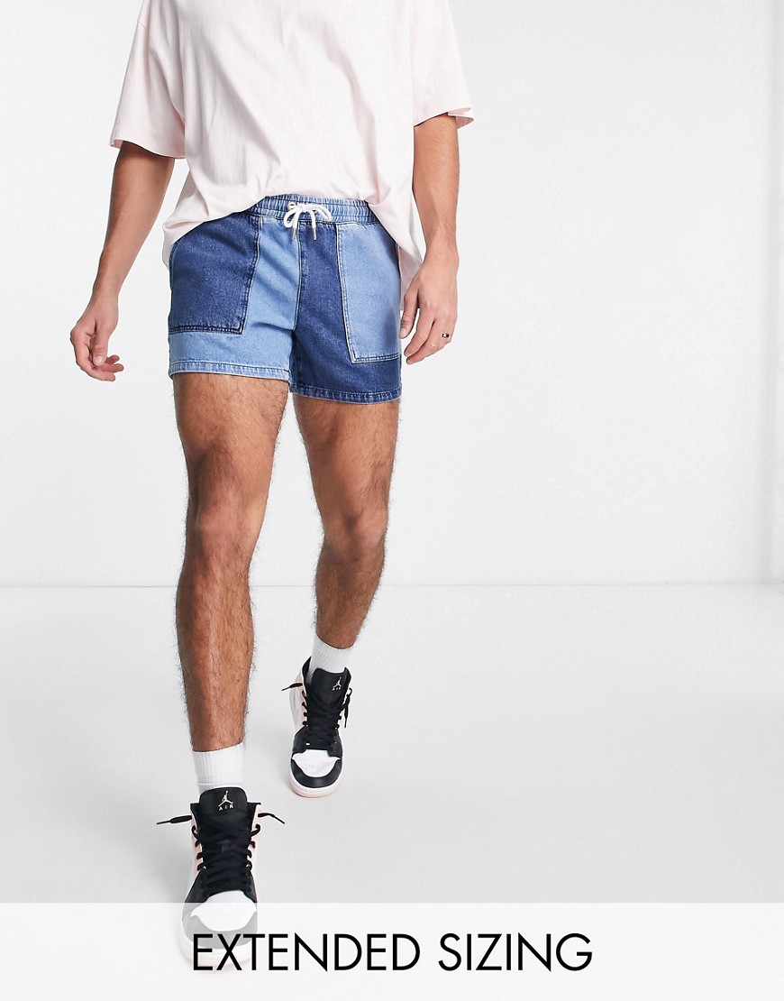 ASOS DESIGN shorter length denim shorts in contrast blue with elasticated waist