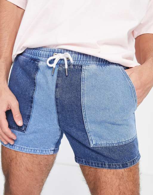 Mens denim shorts with elastic outlet waist