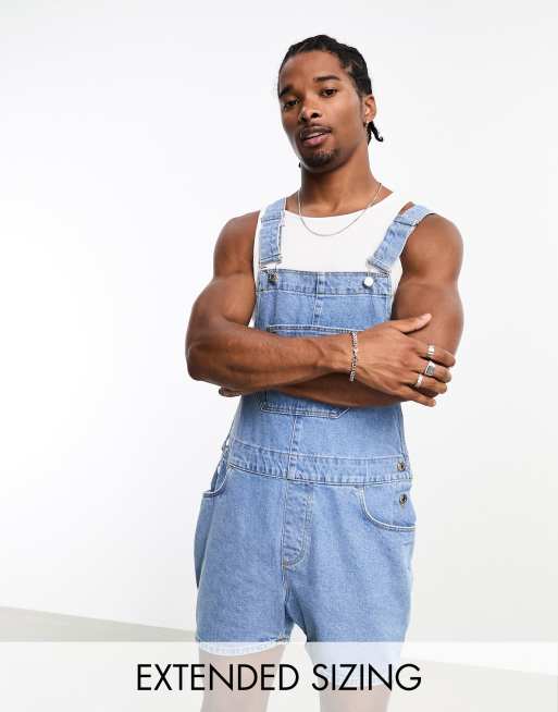 ASOS DESIGN Plus denim dungaree shorts in mid wash, ASOS