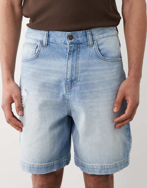 ASOS DESIGN shorter length jorts in light washed blue with rip, 4 of 5