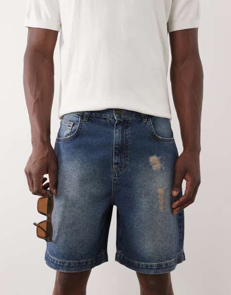 ASOS DESIGN shorter length jorts in mid washed blue with rips - view 1