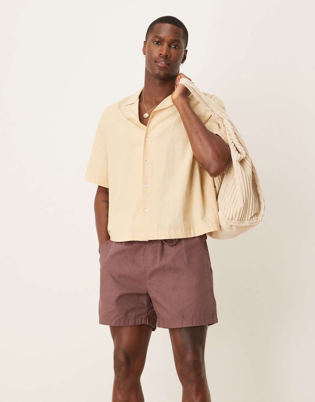 ASOS DESIGN shorter length linen blend shorts in brown