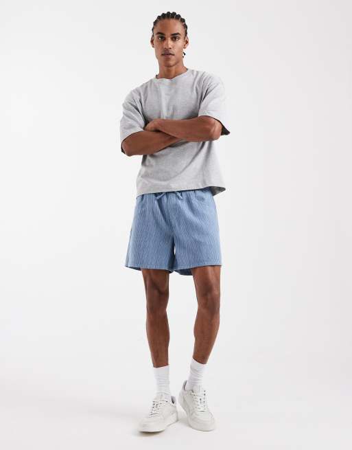 ASOS DESIGN shorter length shorts in blue and white pinstripes, 3 of 5