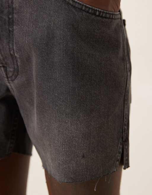 ASOS DESIGN shorter length slim denim shorts with rip detail in black, 5 of 5