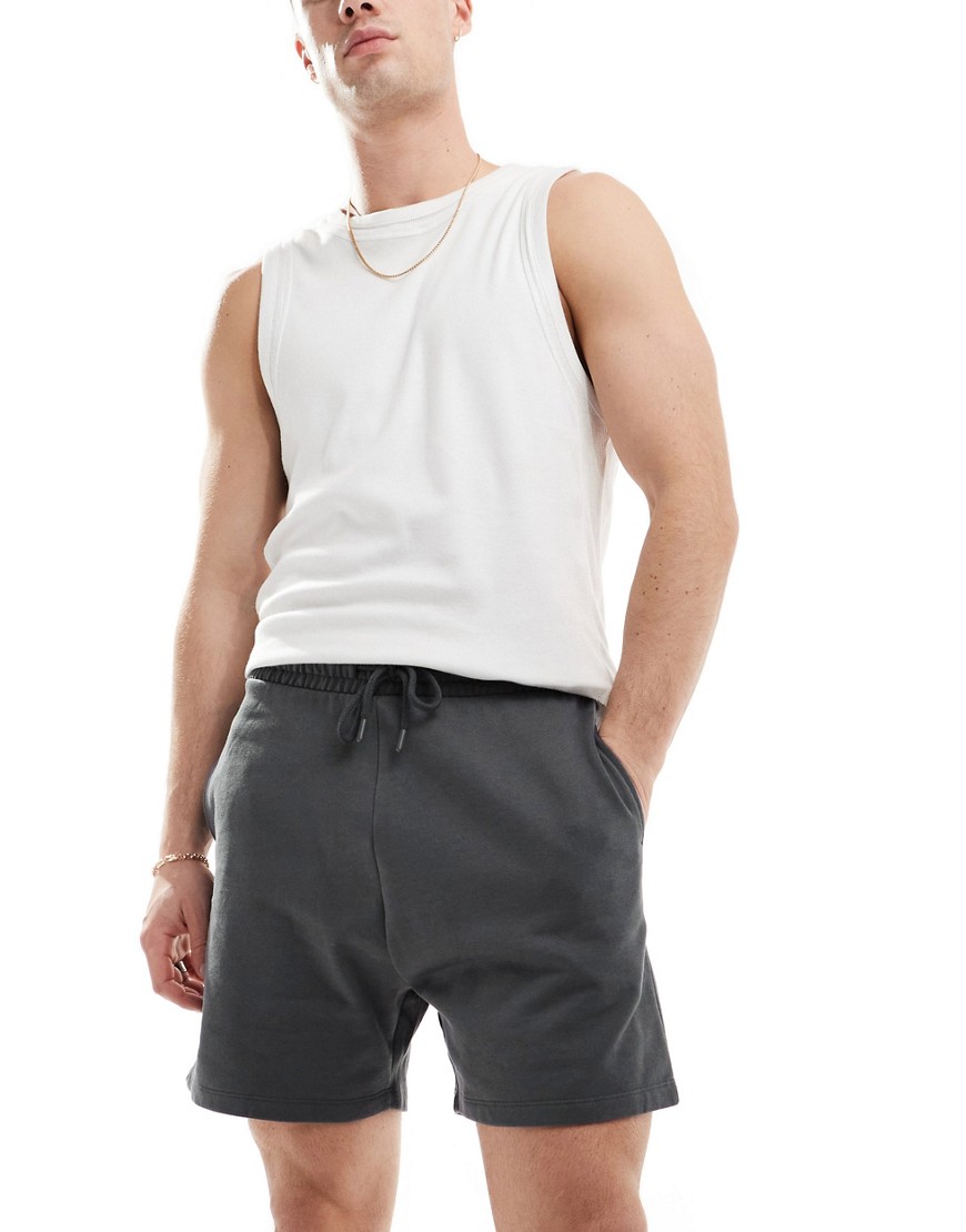 ASOS DESIGN shorter length slim shorts in washed black-Grey