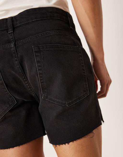 ASOS DESIGN shorter length straight fit denim shorts with rip detail in black wash