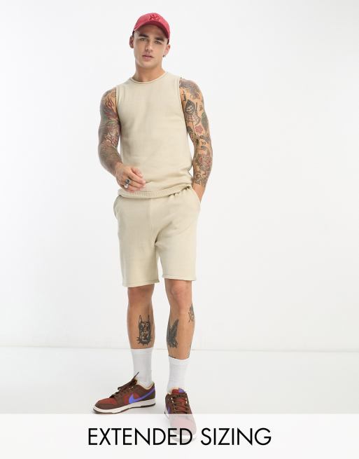 ASOS DESIGN – Shorts aus mittelschwerem Baumwollstrick in Steinbeige, Kombiteil