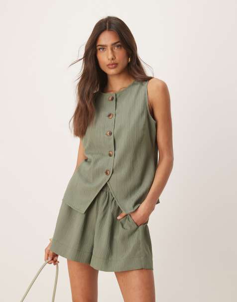 ASOS DESIGN – Shorts aus Musselinstoff in Olivgrün mit elastischem Bund, Kombiteil - view 1