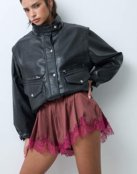 ASOS DESIGN shorts fluidi in raso con coulisse in vita color cioccolato e bordo in pizzo bacca - view 1
