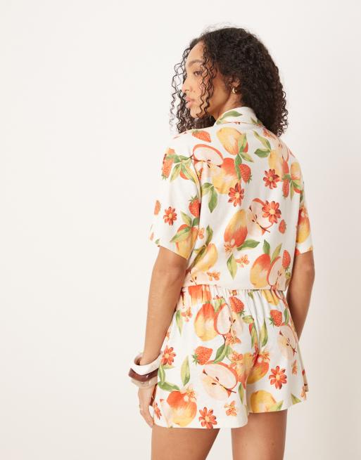 ASOS DESIGN - Shorts i hørlook med frugtprint - Del af sæt, 3 af 4