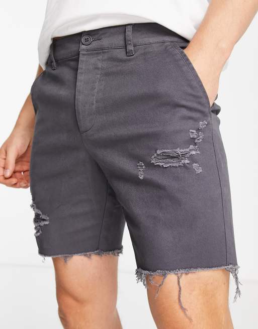 ASOS DESIGN – Shorts in Anthrazit mit engem Schnitt und Zierrissen