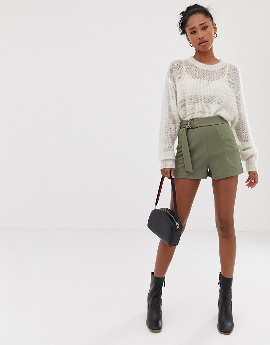 ASOS DESIGN shorts in jersey crepe with belt and tortoiseshell D-rings-Green