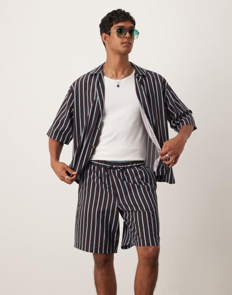 ASOS DESIGN shorts in long length in brown stripe (Part of a set) - view 1