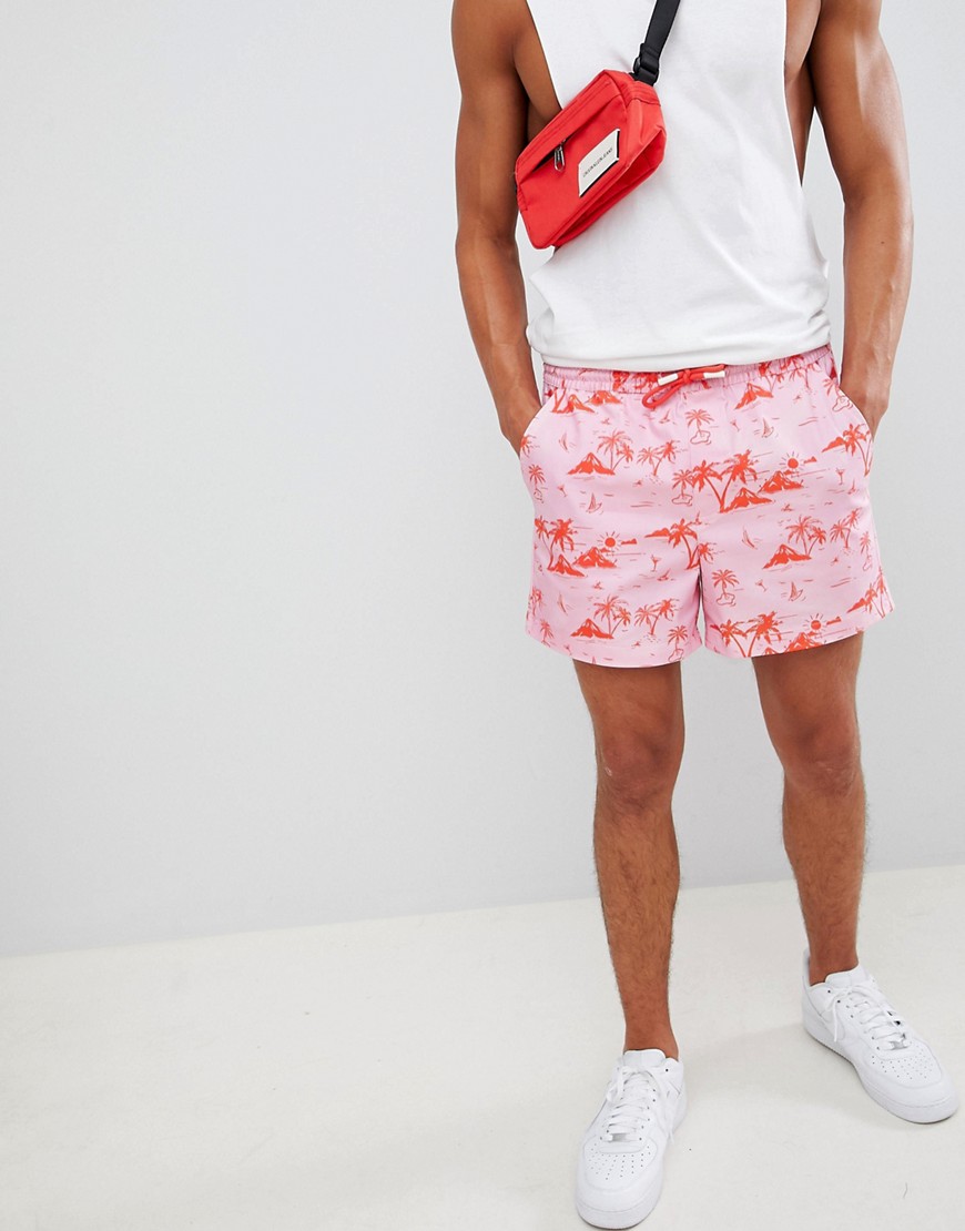 ASOS DESIGN – Shorts med smal passform, rosa tropiskt mönster samt midjeresår