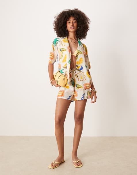ASOS DESIGN - Shorts med tropisk print i hørblanding - Del af sæt - view 1