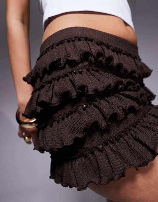 ASOS DESIGN - Shorts met all-over ruches in chocoladebruin, 2 van 5