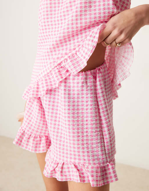 ASOS DESIGN - Shorts met ruches aan de zoom en gingham ruit in roze, deel van co-ord set, 2 van 5