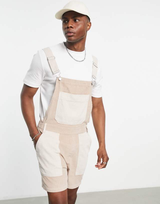 ASOS DESIGN shorts overalls in neutral color block cord