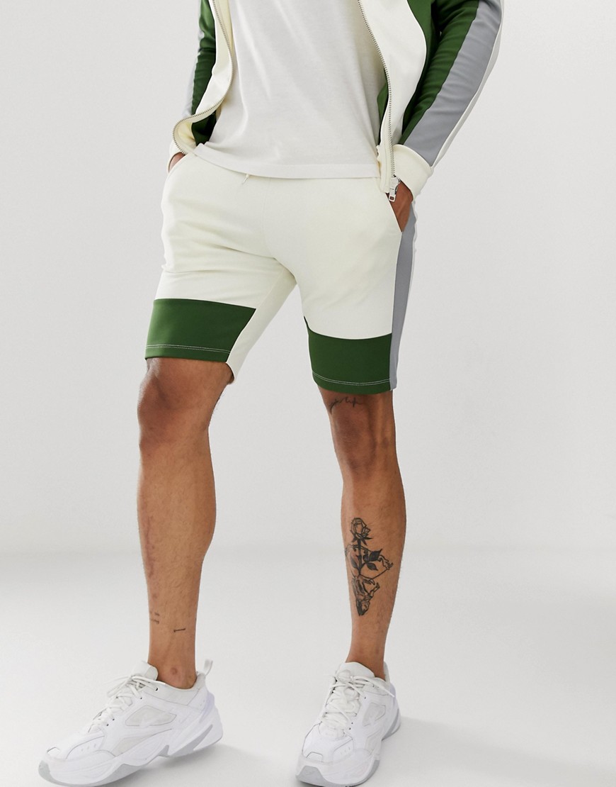 ASOS DESIGN - Shorts skinny colour block bianco sporco in coordinato in tricot di poliestere