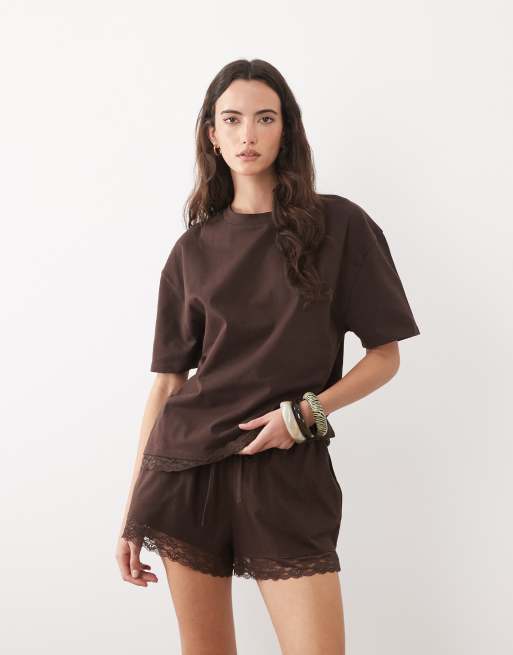 ASOS DESIGN shorts with lace hem in chocolate - part of a set, 4 of 5