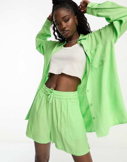ASOS DESIGN – Shorts zum Reinschlüpfen in Apfelgrün mit Leinenanteil