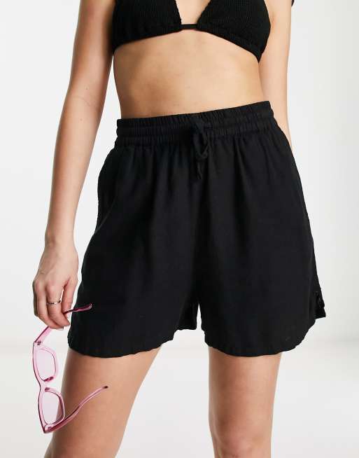 ASOS DESIGN – Shorts zum Reinschlüpfen in Schwarz mit Leinenanteil