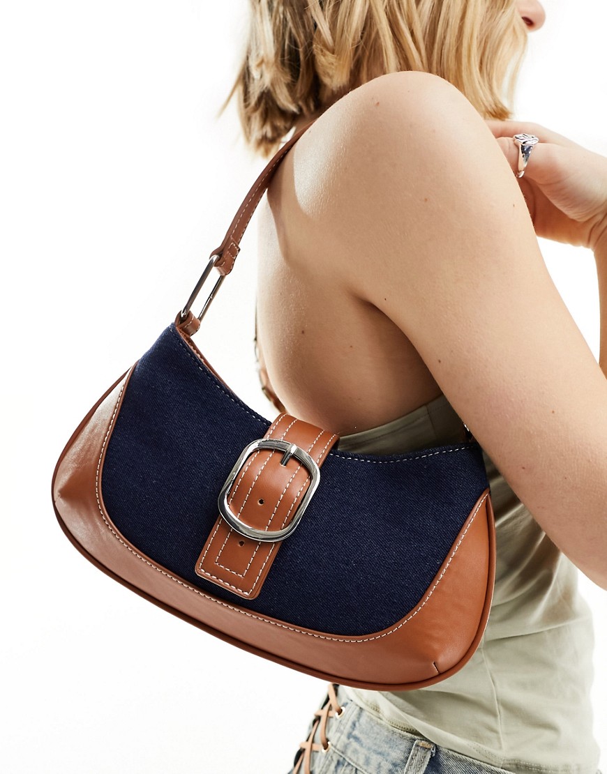 Asos Design Shoulder Bag In Dark Denim With Oval Buckle-blue