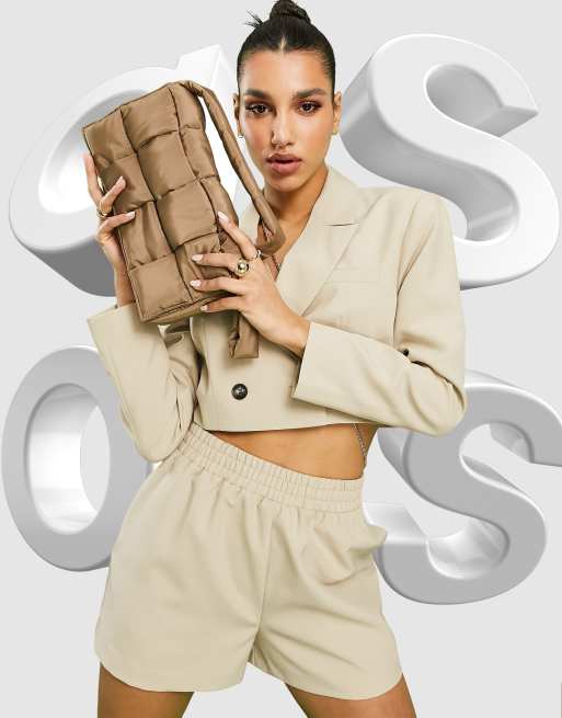 ASOS DESIGN shoulder bag in taupe nylon puffed weave