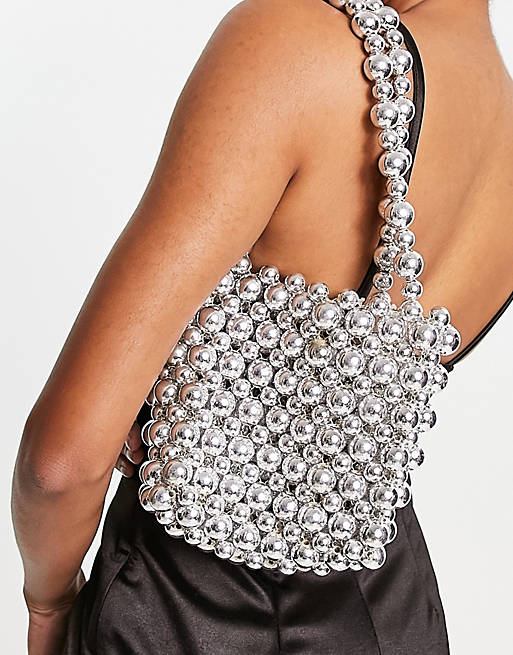 ASOS DESIGN shoulder bag with ball beads in silver