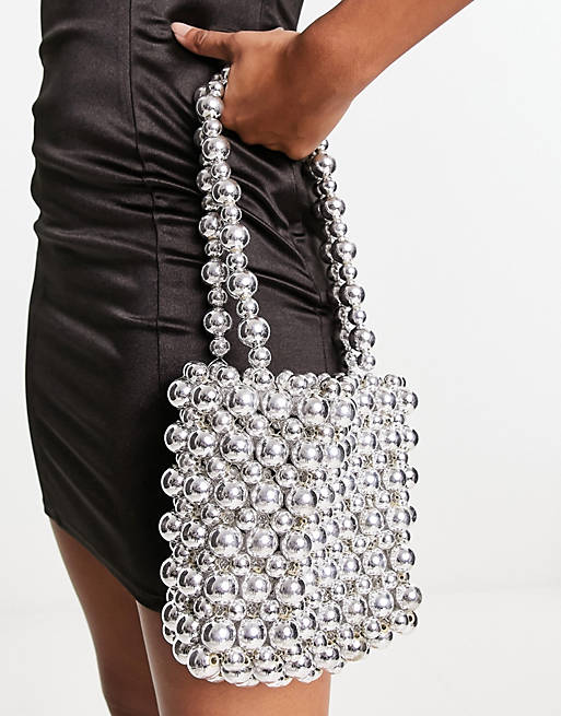 ASOS DESIGN shoulder bag with ball beads in silver