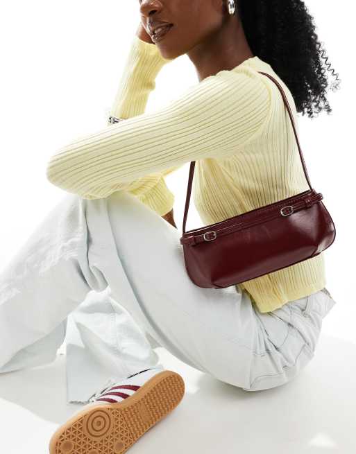 ASOS DESIGN shoulder bag with buckle detail in burgundy, 2 of 4