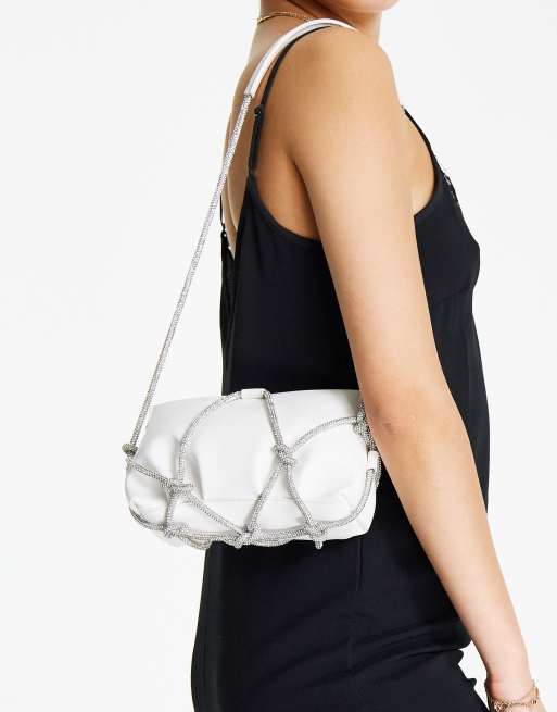 ASOS DESIGN shoulder bag with crystal strapping detail in white