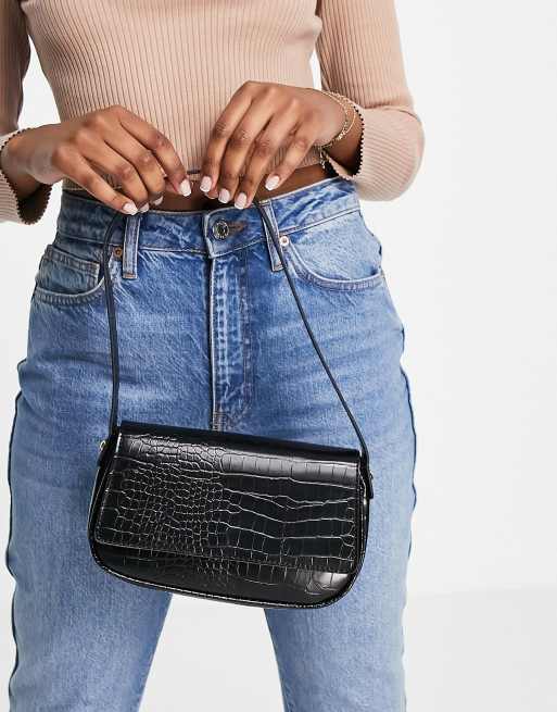 ASOS DESIGN shoulder bag with flap in black croc 