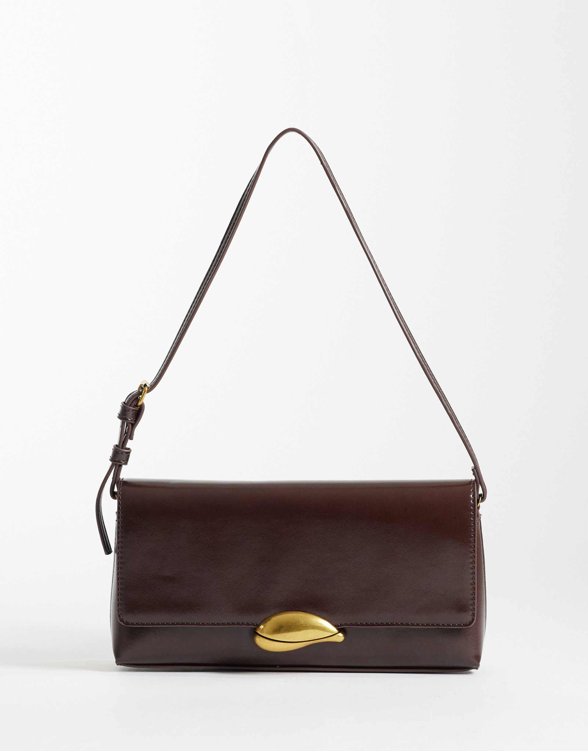 asos design shoulder bag with gold hardware in chocolate