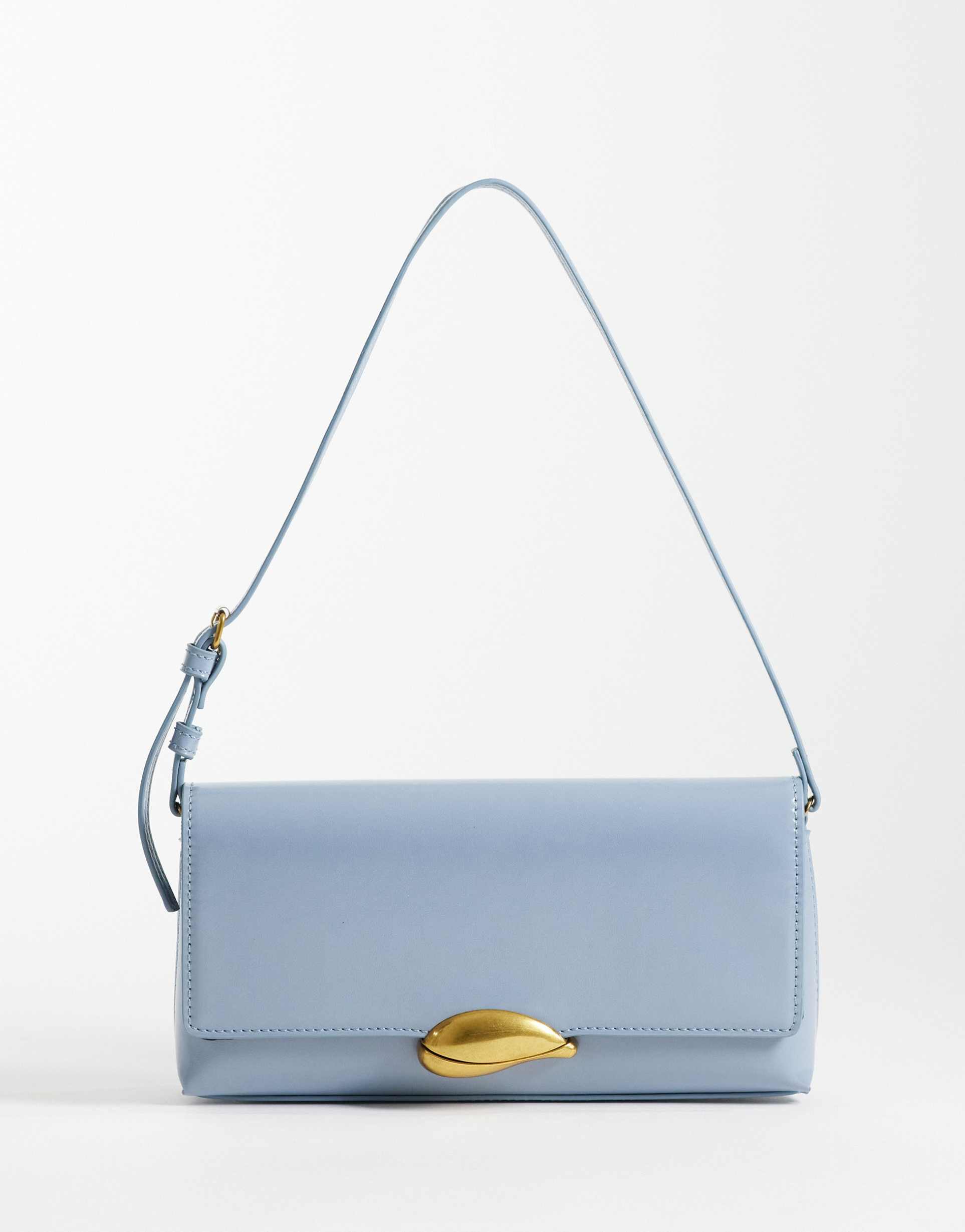asos design shoulder bag with gold hardware in light blue