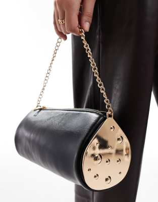 shoulder bag with metalwork detail and chain strap in black