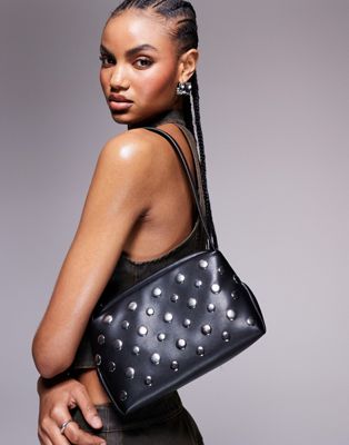 shoulder bag with mixed stud detail in black