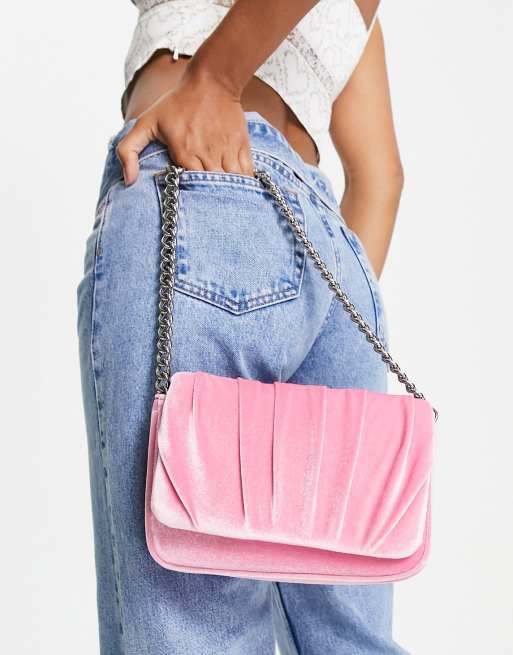 ASOS DESIGN shoulder bag with ruched flap in pink velvet