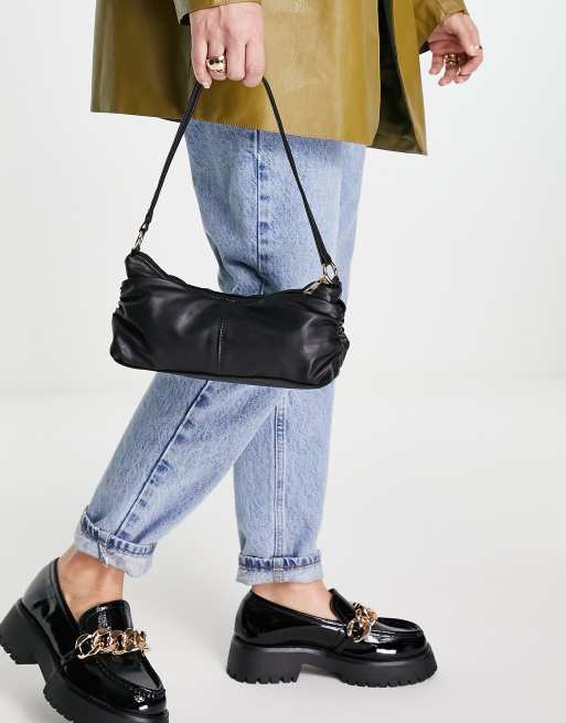 ASOS DESIGN ruched shoulder bag in black with chunky gold chain