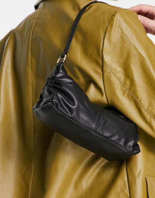 ASOS DESIGN ruched shoulder bag in black with chunky gold chain