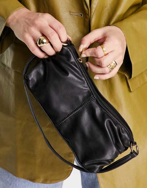 ASOS DESIGN ruched shoulder bag in black with chunky gold chain