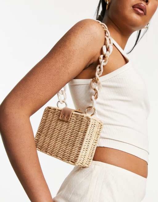 ASOS DESIGN shoulder bag with tort resin handle in rattan straw