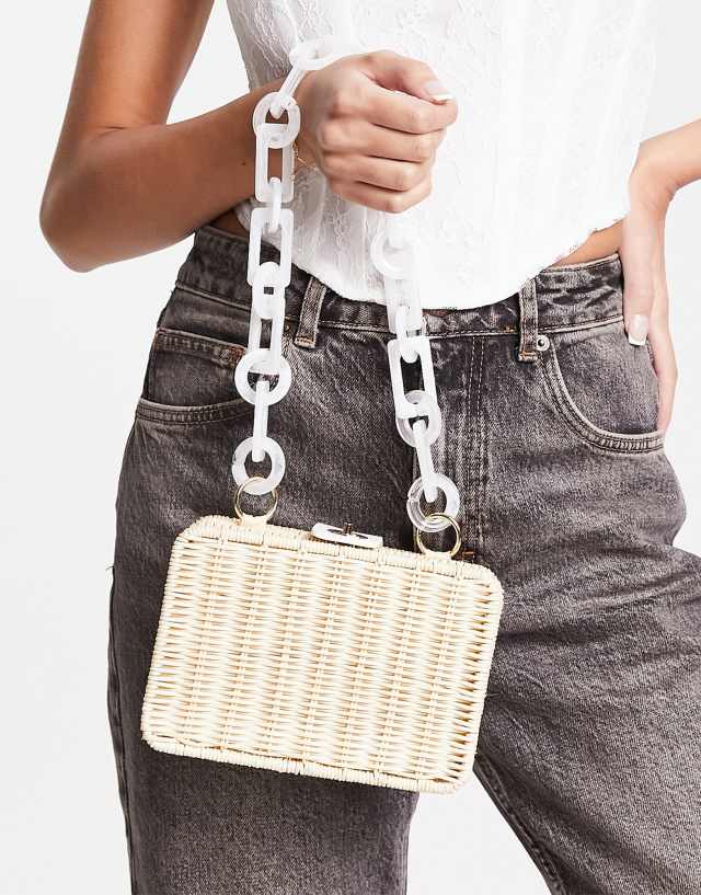 ASOS DESIGN shoulder bag with white resin handle in rattan straw