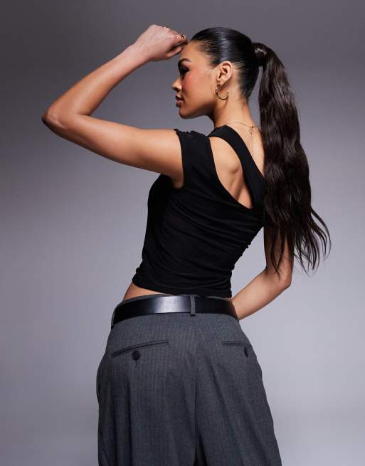 ASOS DESIGN shoulder cut out ruched top in black, 4 of 4
